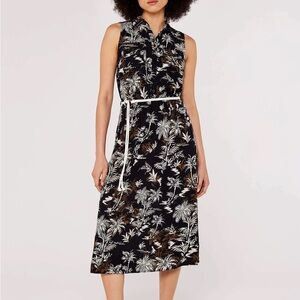 APRICOT Black and White Palm Print Midi Dress